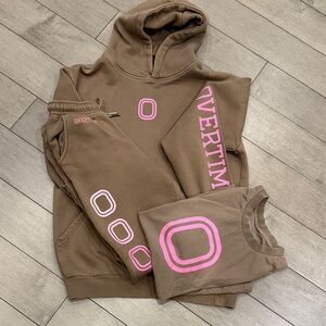Overtime Kids Hoodie and Sweatpants Set - Brown with Pink Accents